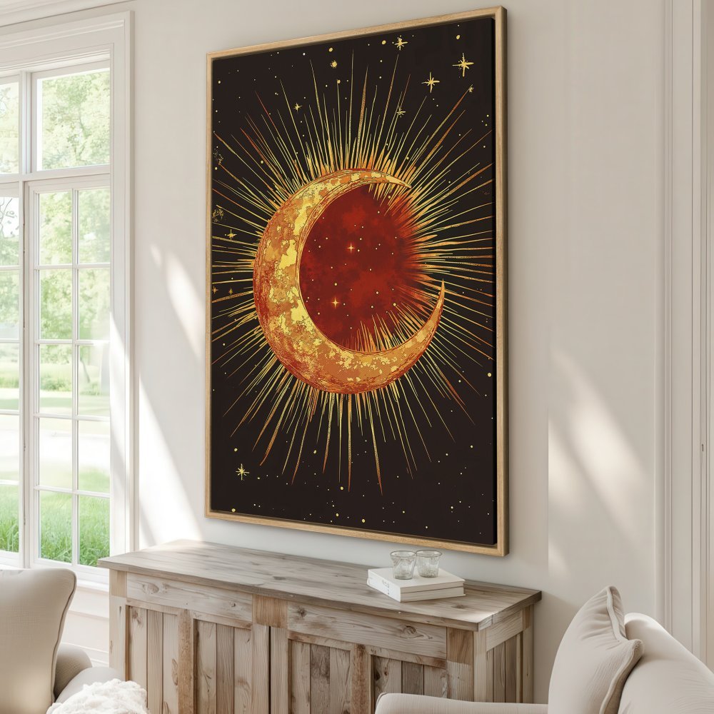 Framed Wall Art: Celestial moon canvas print in warm gold and red tones, perfect for adding bohemian style to your home decor.