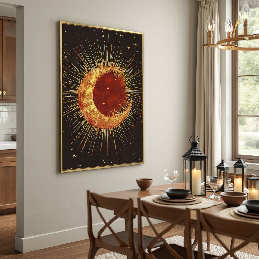 Canvas Print featuring a celestial crescent moon art print in gold and red hues. Perfect boho wall decor!