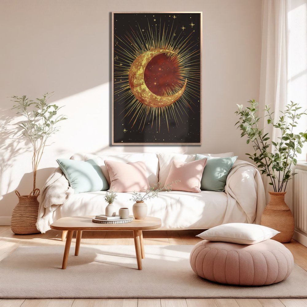 Framed Wall Art featuring a celestial moon design in gold and red tones, perfect for adding bohemian style to your living room.