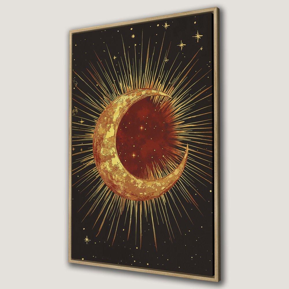 Framed Wall Art: Celestial crescent moon canvas print in gold and red hues. Perfect for adding a touch of bohemian style to your space. Shop now!