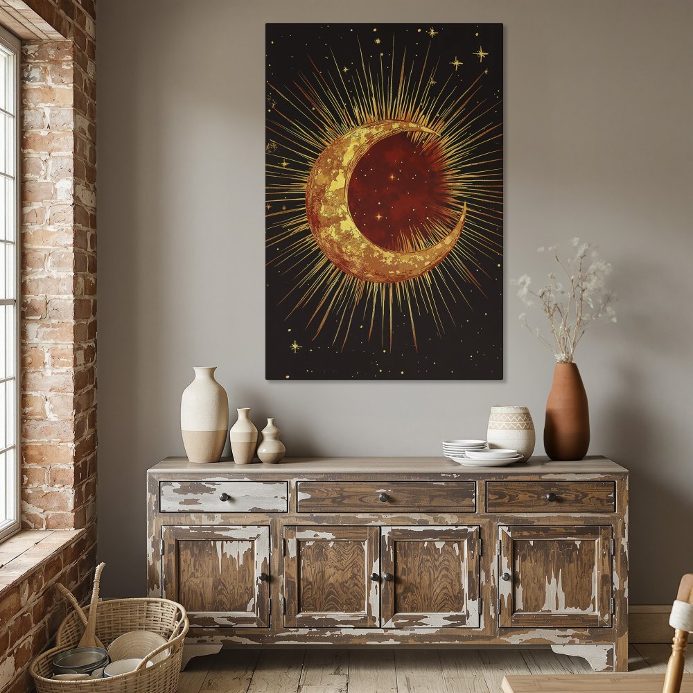 Framed Wall Art: Celestial moon art print in gold and red. Perfect for adding a touch of boho style to your dining room decor.