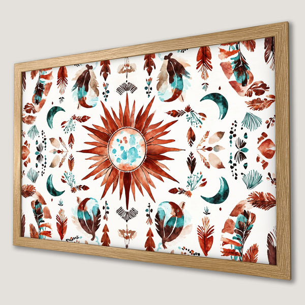 Framed Poster featuring a watercolor sun and celestial elements in a bohemian style with a warm, earthy color palette.