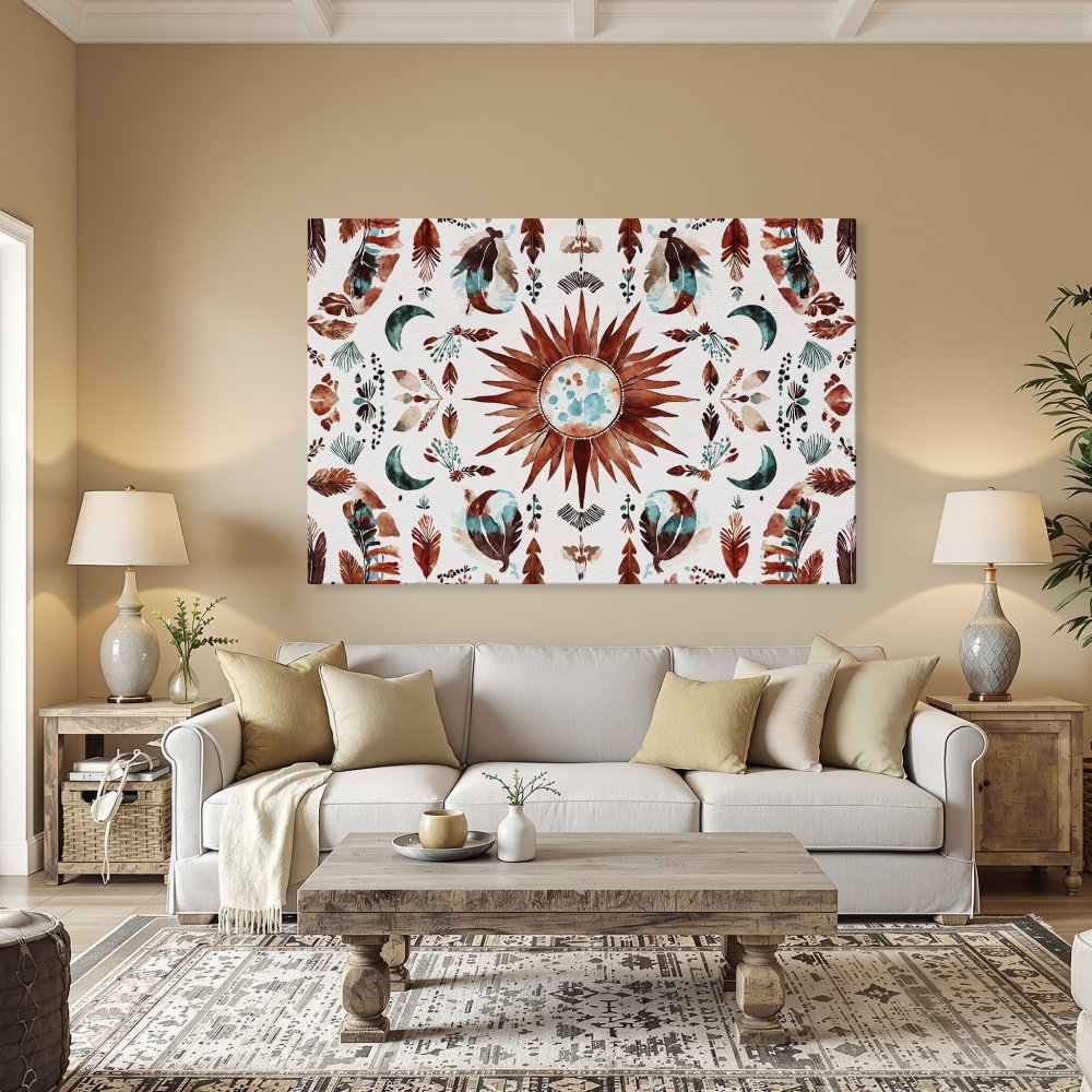 Framed Wall Art featuring a watercolor sunburst design in earthy tones. Boho style Canvas Print adds warmth and style to any room.
