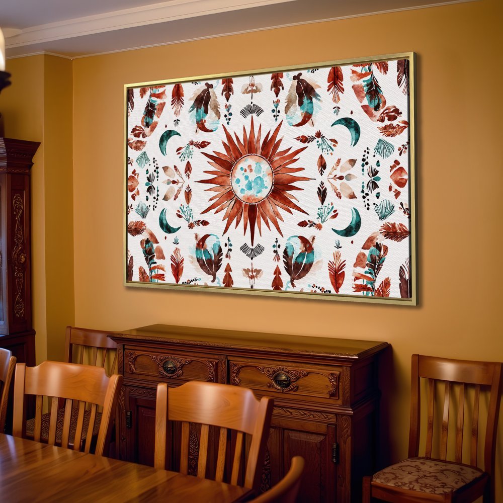 Bohemian Canvas Print featuring a sunburst design with earthy tones of rust, teal, and cream. Perfect for living room decor!