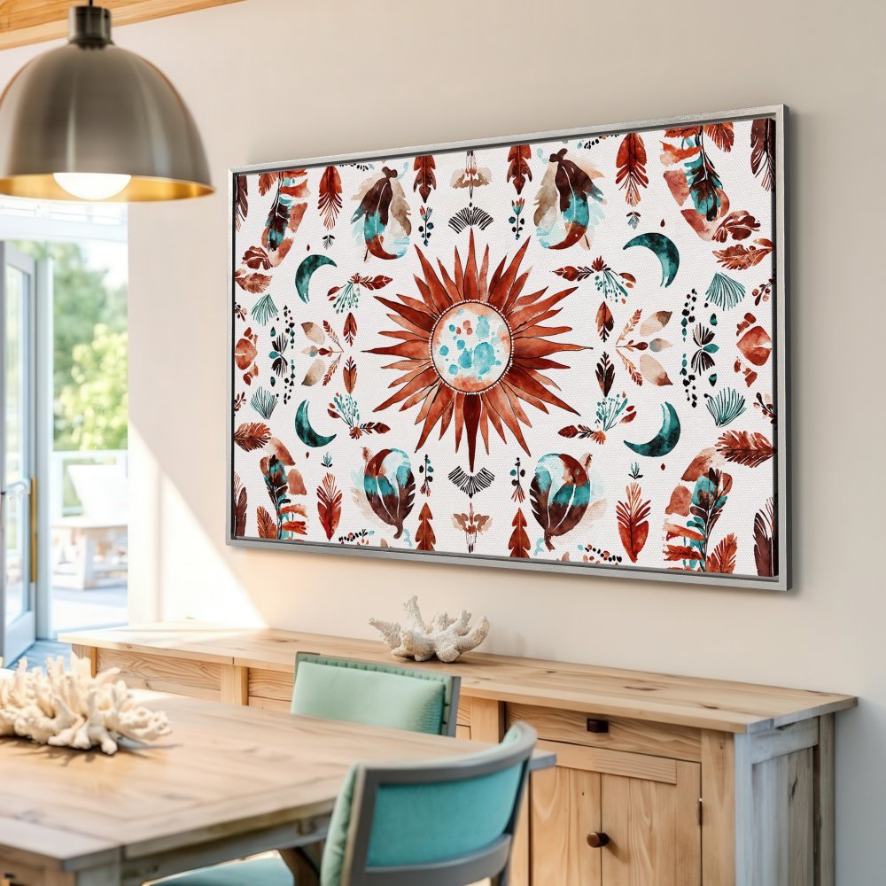 Framed Wall Art featuring a bohemian sunburst design with teal and rust tones, perfect for adding warmth and style to any space.
