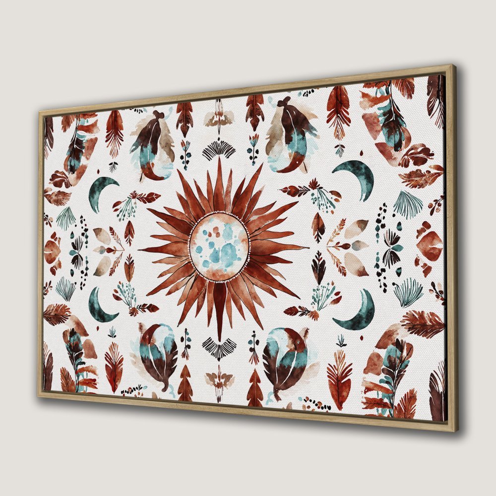 Framed Wall Art: Boho sun and moon canvas print in warm earth tones. Add a touch of bohemian style to your home decor!
