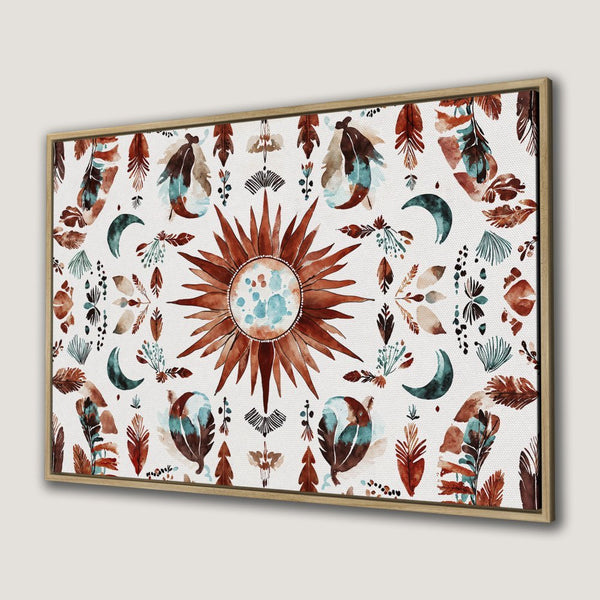 Framed Wall Art: Boho sun and moon canvas print in warm earth tones. Add a touch of bohemian style to your home decor!