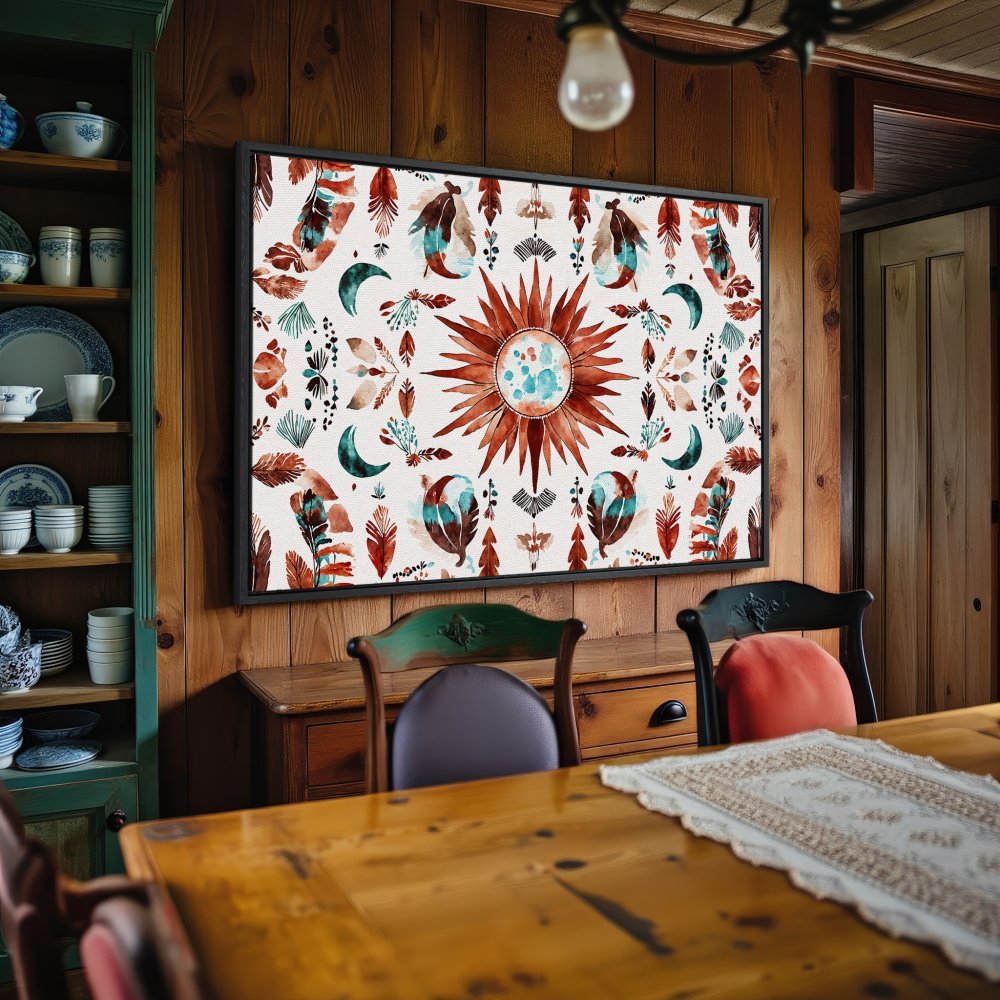 Framed Wall Art: Boho sun and moon design in warm rust and teal tones. Add a touch of bohemian style to your home decor.