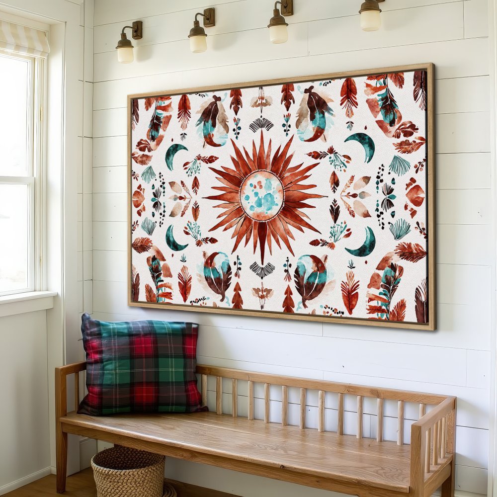 Framed Wall Art: Boho sun and moon design in warm rust, teal, and cream. Perfect for adding a touch of bohemian style to your home decor.