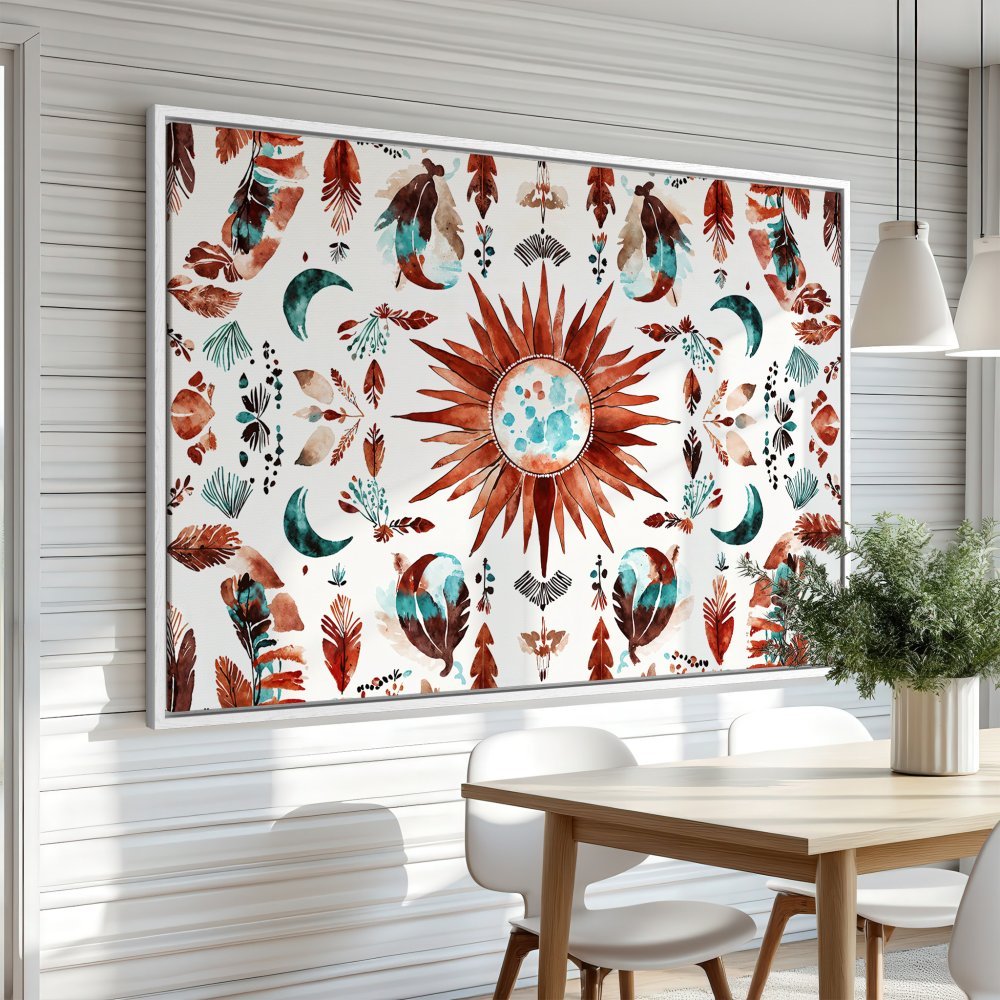 Framed Wall Art: Watercolor sun and moon design in warm earth tones and teal. Perfect for boho decor!