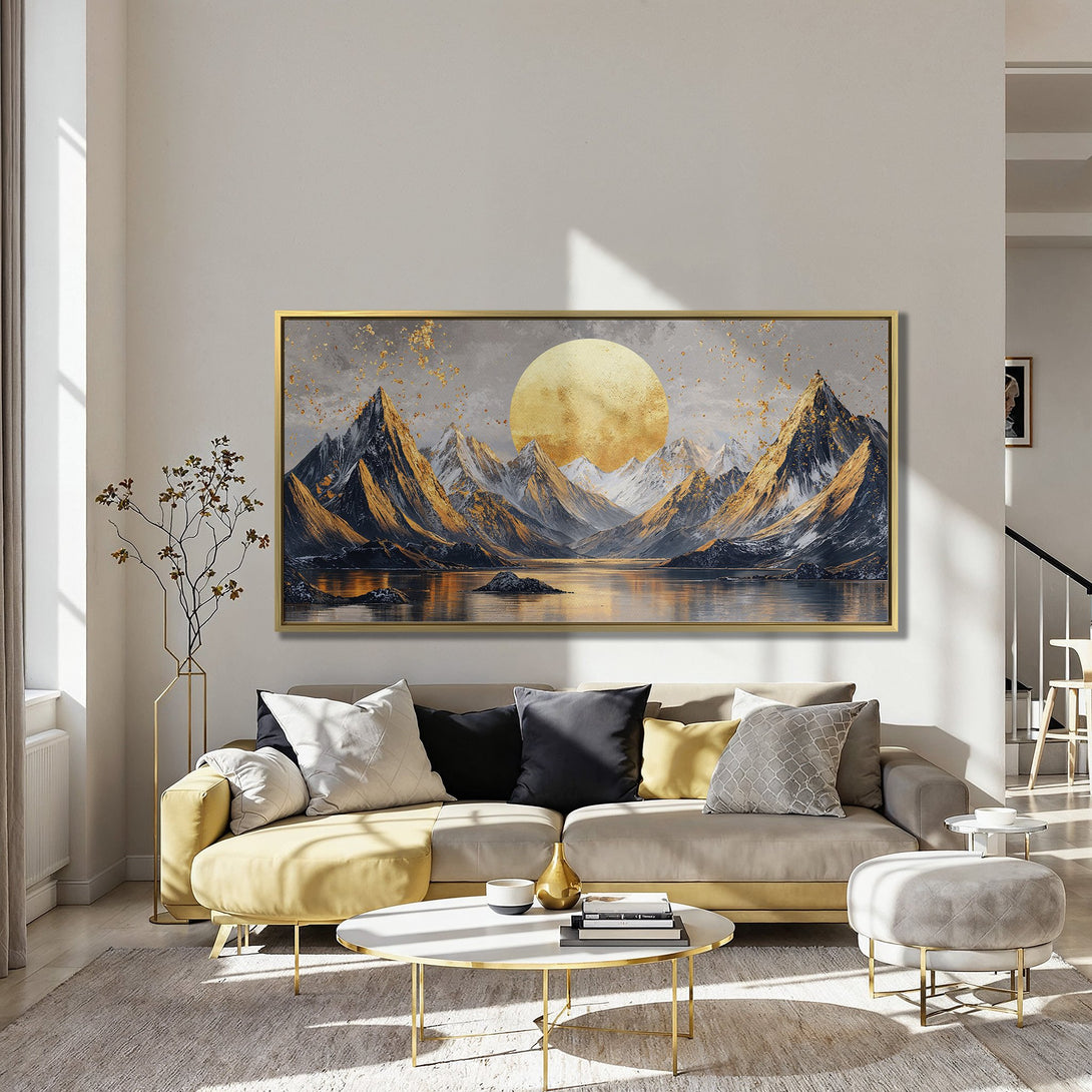 Canvas Print of a mountain landscape with a golden sun, in a modern style. Warm gold, gray, and blue color palette. Perfect wall art!