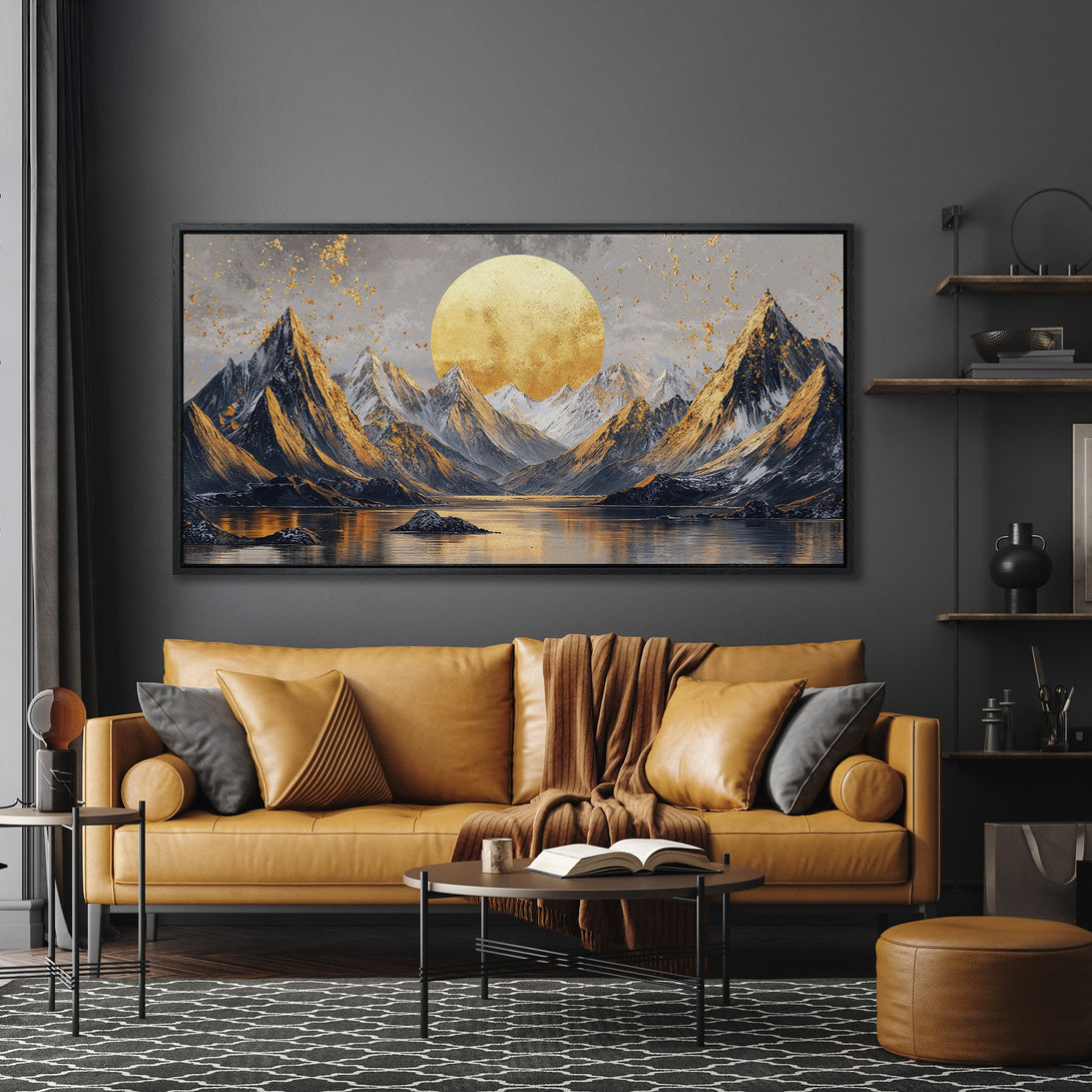 Framed Wall Art: Stunning mountain landscape Canvas Print with gold accents. Modern art in a warm, inviting color palette. Elevate your home decor!