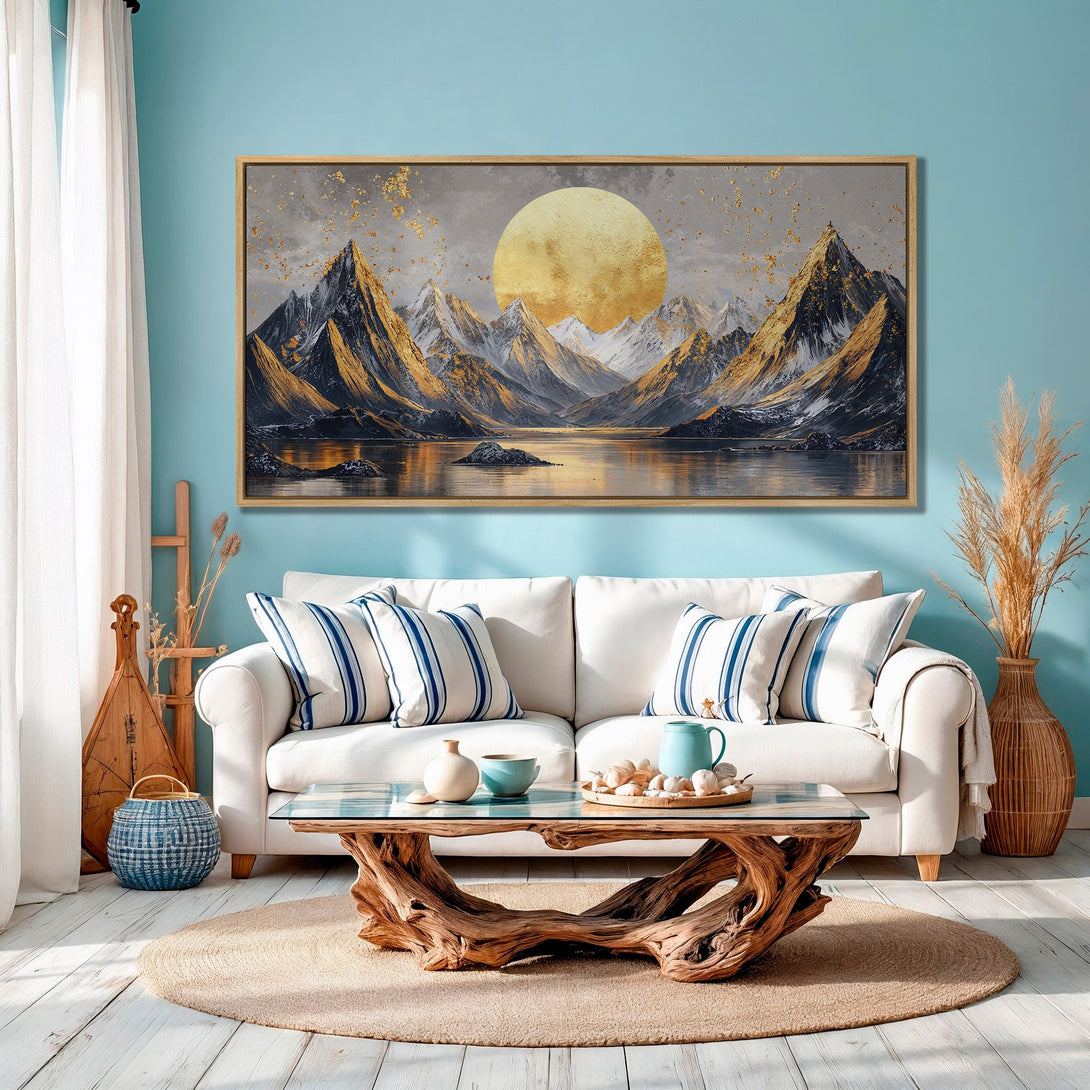 Framed Wall Art: Mountain landscape canvas print with gold accents. Modern decor in a neutral, teal, and gold color palette. Elevate your space!