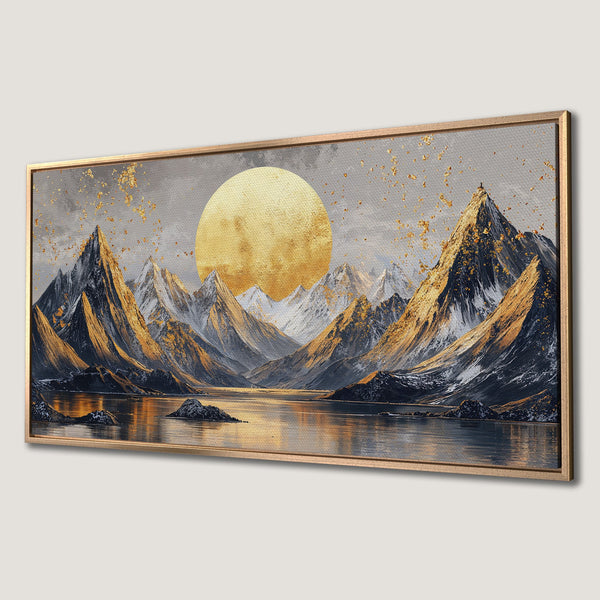 Framed Wall Art: Majestic mountain landscape canvas print with gold accents, featuring a warm gold, gray, and blue color palette. Perfect for modern decor.