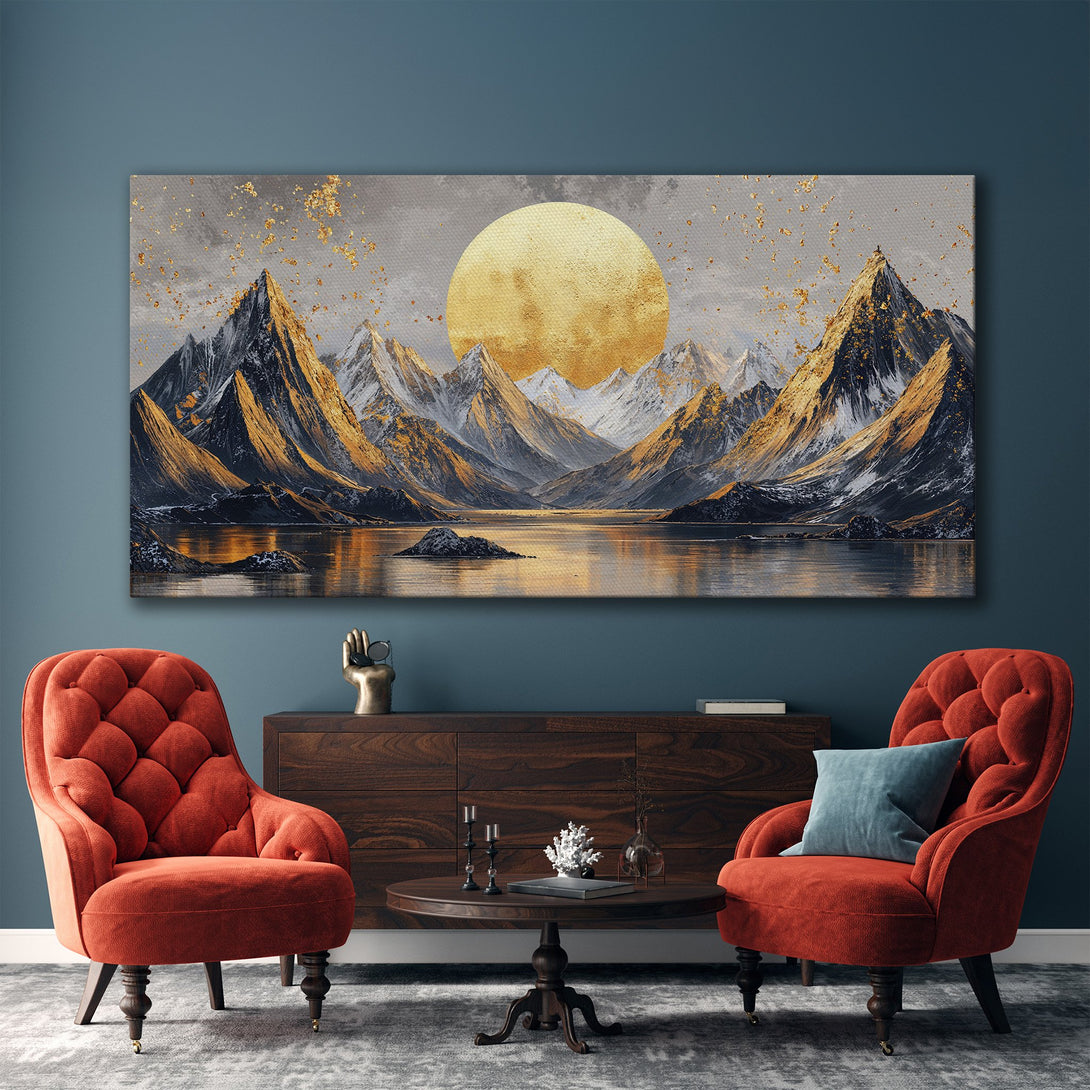 Framed Wall Art featuring a stunning mountain landscape with a golden moon. Modern art style with a warm, neutral color palette, perfect for home decor.