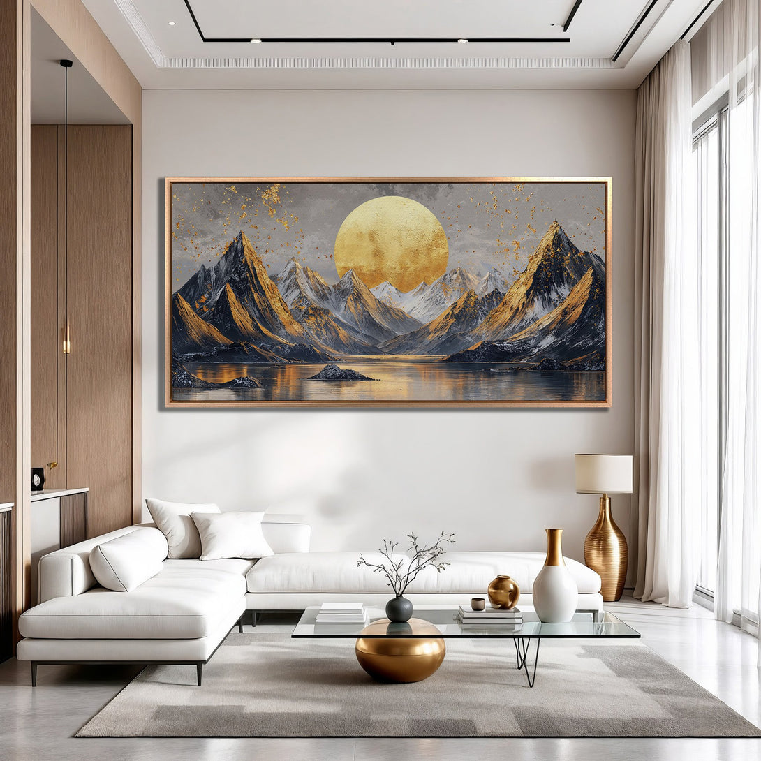 Framed Wall Art: Majestic mountain landscape Canvas Print in gold, gray, and black tones. Modern art for a luxurious living room.