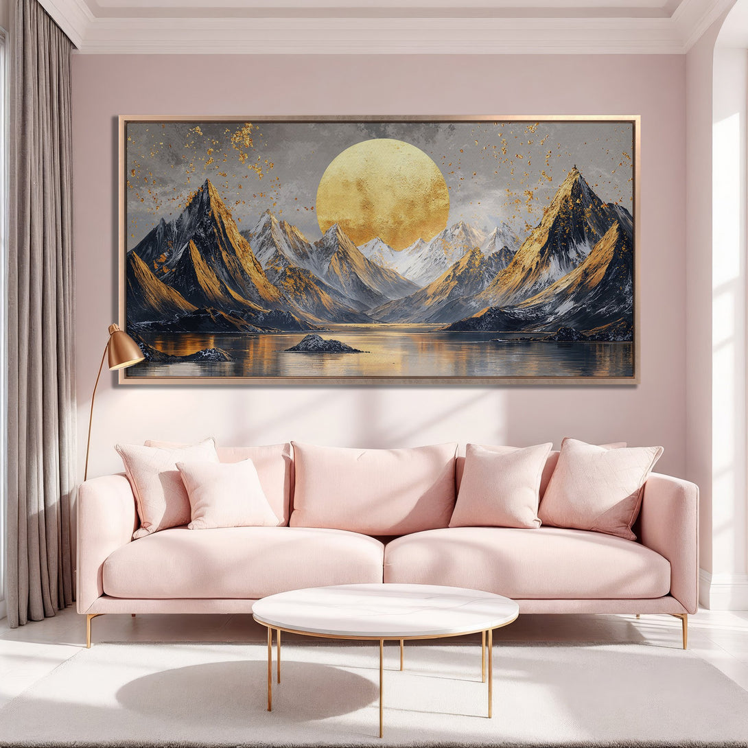 Framed Wall Art: Majestic mountain landscape Canvas Print with gold, gray, and black tones. Perfect for adding a touch of luxury to any room!