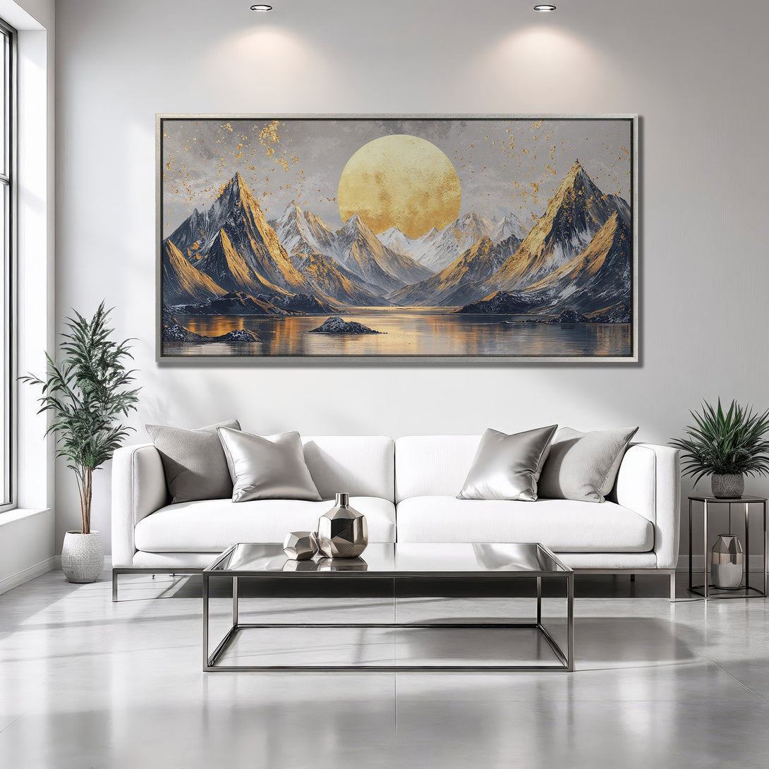 Framed Wall Art: Mountain landscape Canvas Print with gold and gray hues, perfect for modern home decor. Shop now and transform your space!