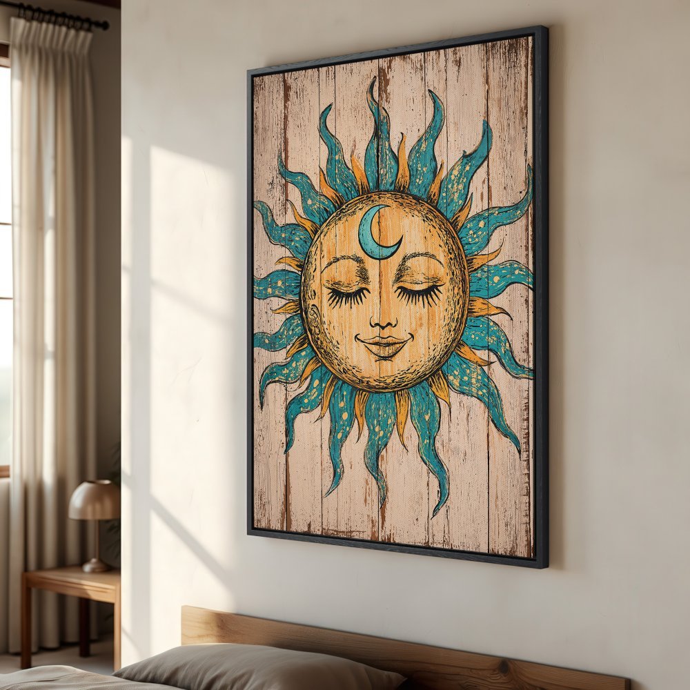 Framed Wall Art: Boho sun and moon Canvas Print in teal and gold. Add a touch of celestial charm to your home decor!