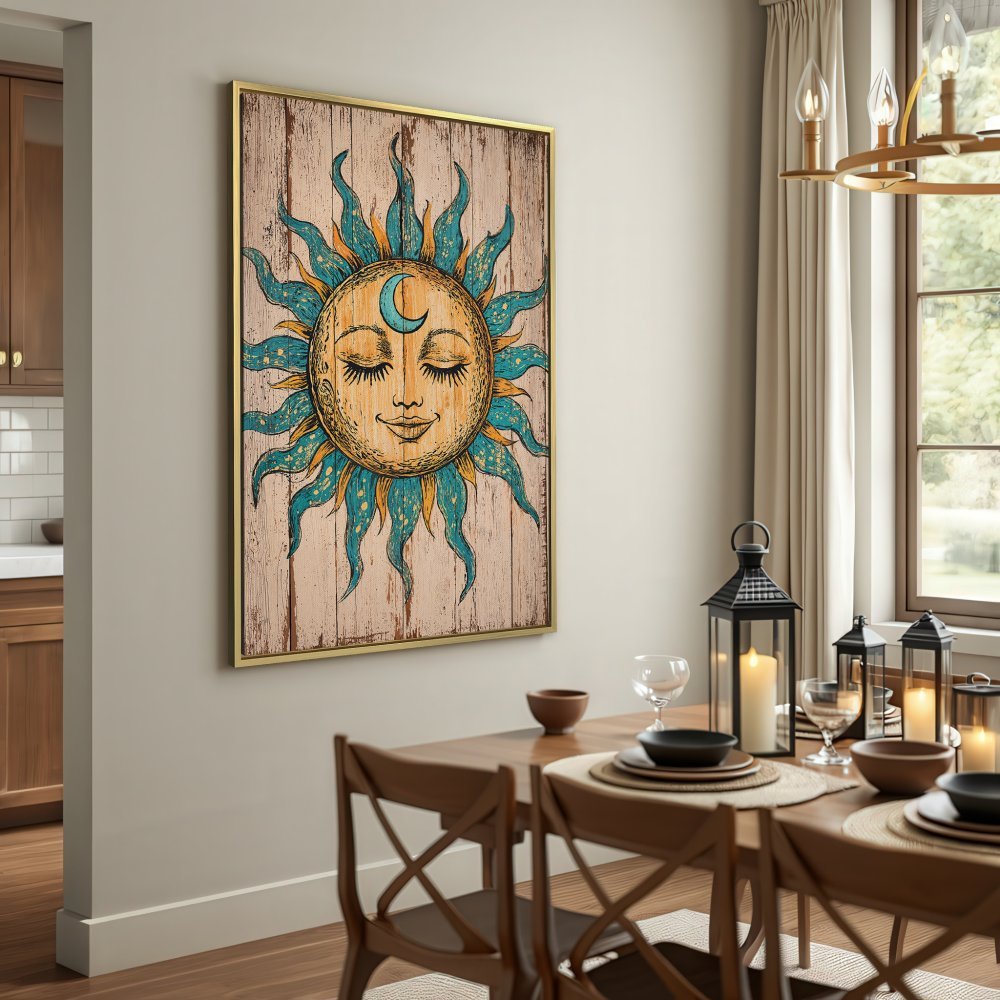 Canvas Print: Bohemian sun art in teal and gold, rustic style. Perfect wall decor for a warm and inviting space.