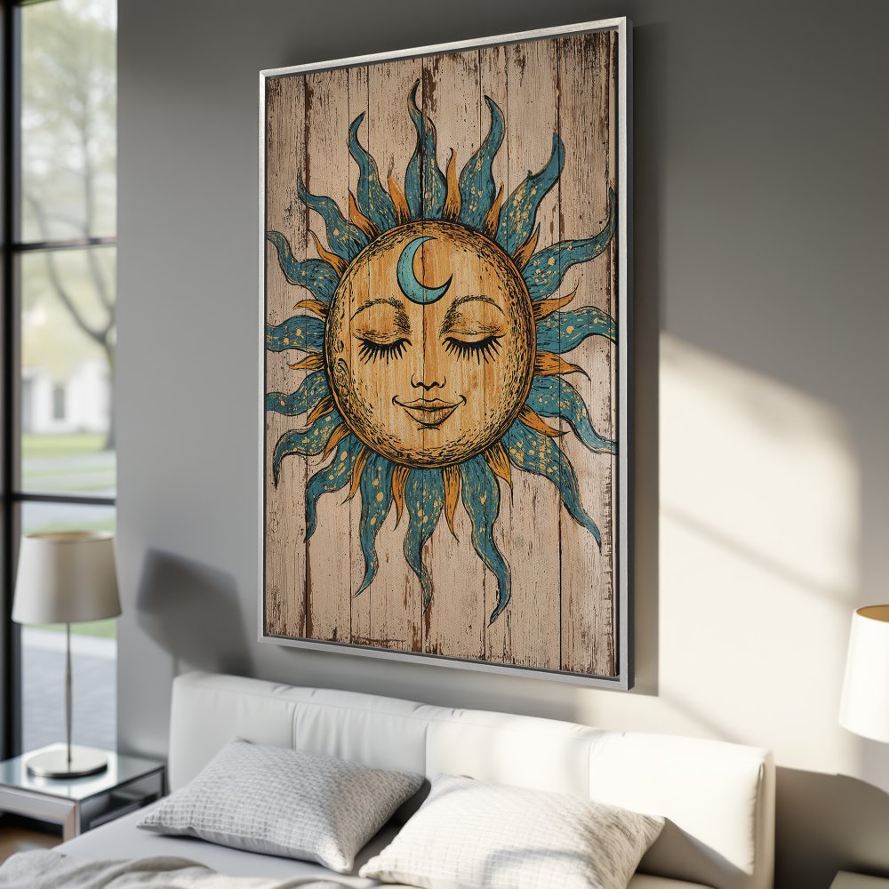 Framed Wall Art: Boho sun design in blue and gold hues on wood texture. Add a touch of warmth to your space with this unique Canvas Print!