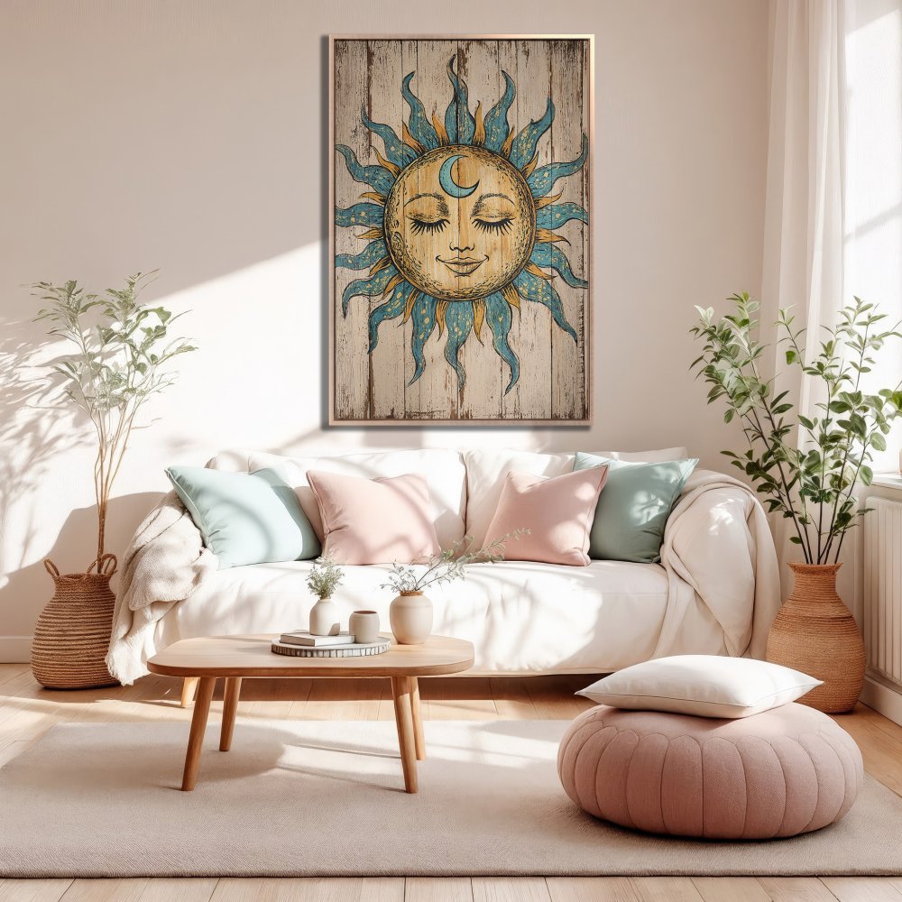 Framed Wall Art: Boho sun print in blue & gold. Enhance your living room with this stylish canvas print!