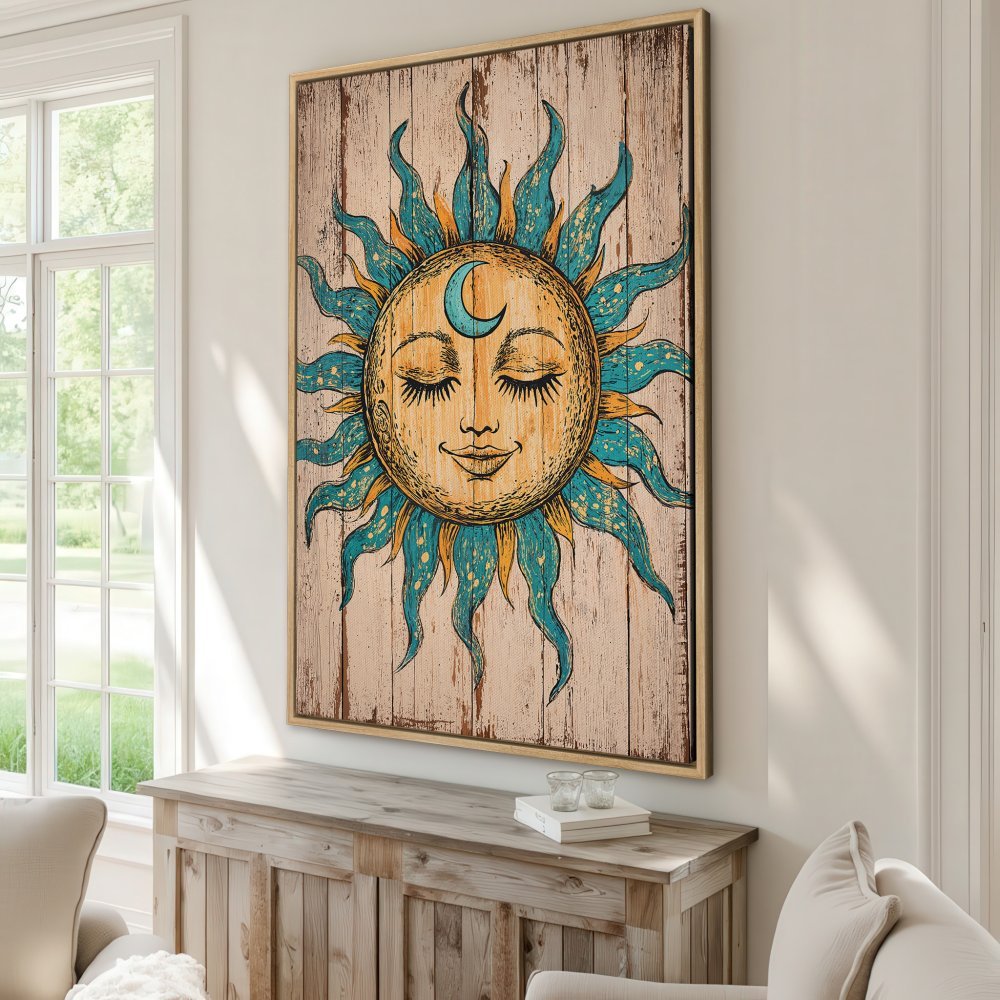 Framed Wall Art: Boho sun face canvas print with teal and gold accents on a wood-grain background. Perfect for adding a touch of warmth and style!
