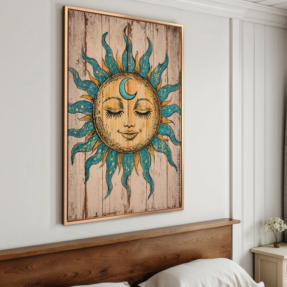 Framed Wall Art: Boho sun and moon design with teal and gold accents on a rustic wood background. Perfect for adding a touch of zen to your space!
