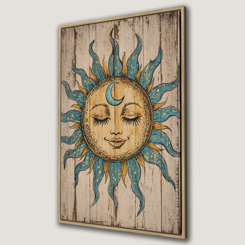Canvas Print featuring a whimsical sun and moon illustration in teal and gold. Boho style wall art with a rustic wood background.