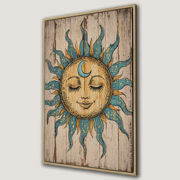Canvas Print featuring a whimsical sun and moon illustration in teal and gold. Boho style wall art with a rustic wood background.