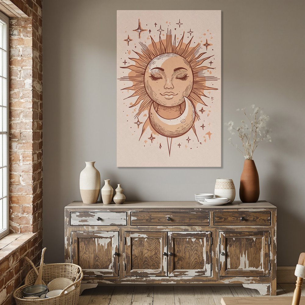 Framed Wall Art: Celestial sun and moon illustration in warm peach tones. Boho style canvas print for home decor.