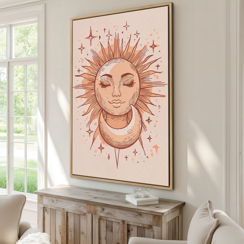 Canvas Print featuring a celestial sun and moon design in warm peach tones. Bohemian style wall art for a cozy interior.