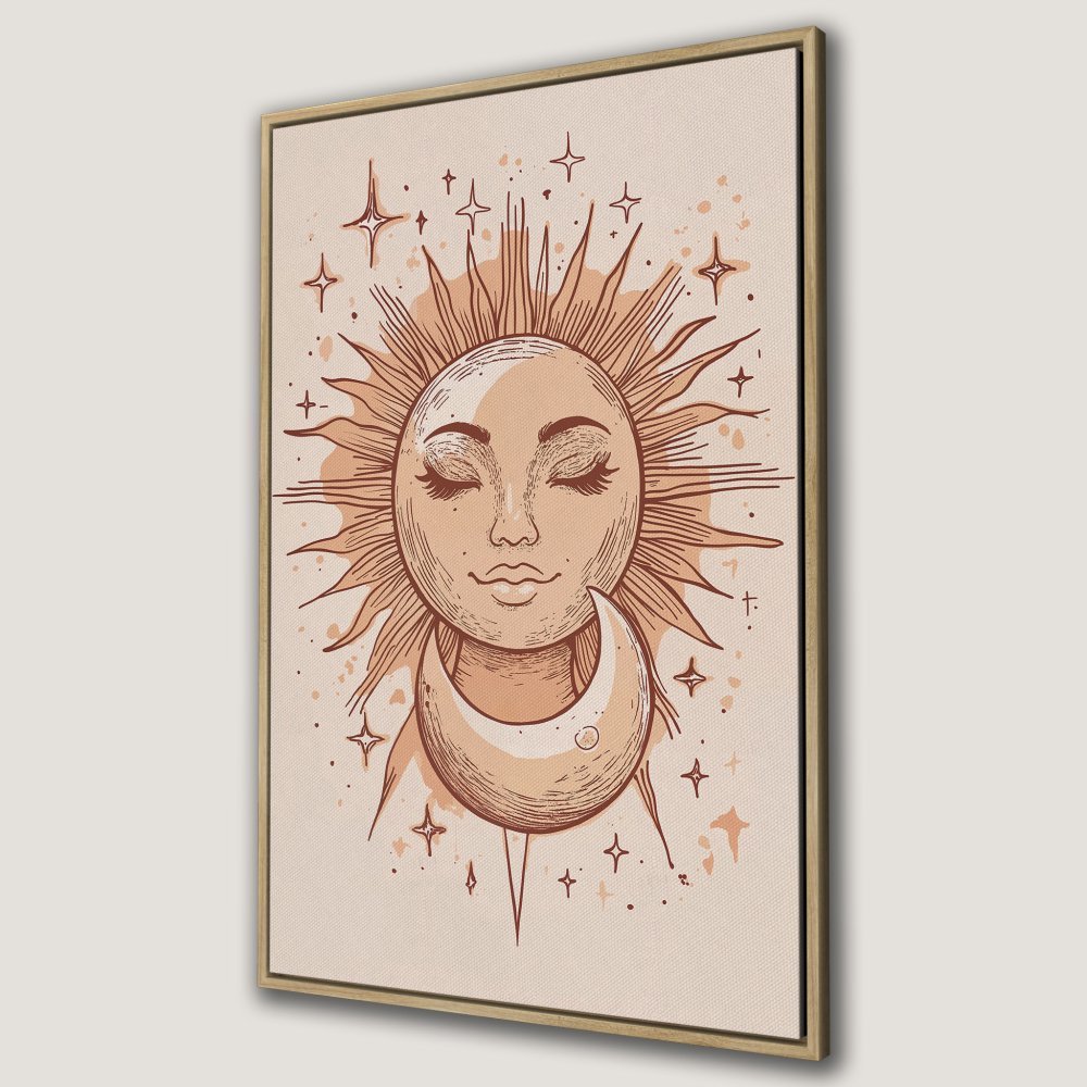 Canvas Print featuring a bohemian sun and moon design in warm, earthy tones. Perfect for adding a touch of celestial style to any room!