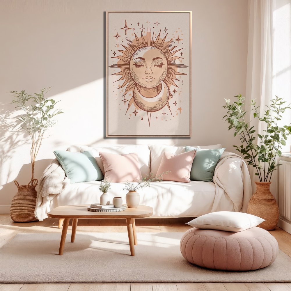 Framed Wall Art: Boho sun and moon illustration in warm beige and peach tones, perfect for a calming living room.