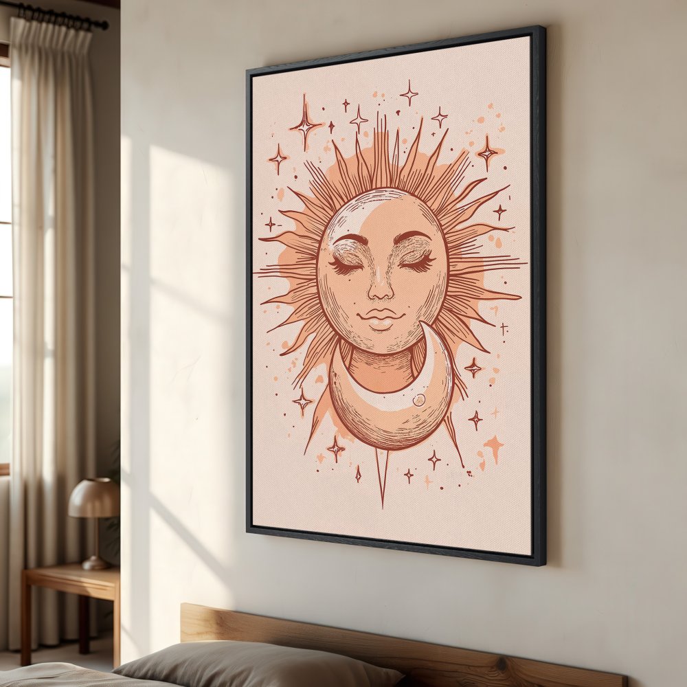 Framed Wall Art featuring a celestial sun and moon illustration in a boho style with warm, earthy tones. Perfect for adding a touch of zen to your space.