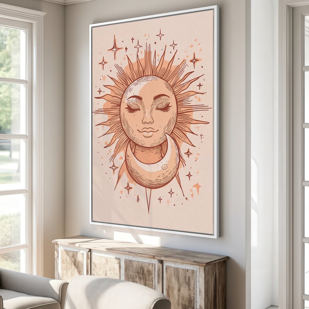 Framed Wall Art: Boho sun and moon illustration in warm peach tones. Perfect for adding a touch of celestial style to your home decor.