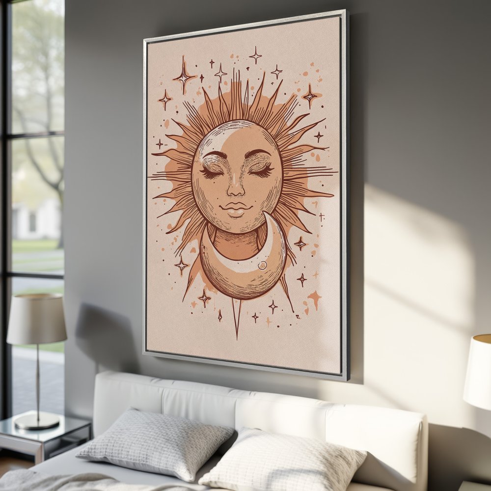 Framed Wall Art: Boho sun and moon illustration in warm earth tones. Perfect for bedroom decor. Canvas Print available now!