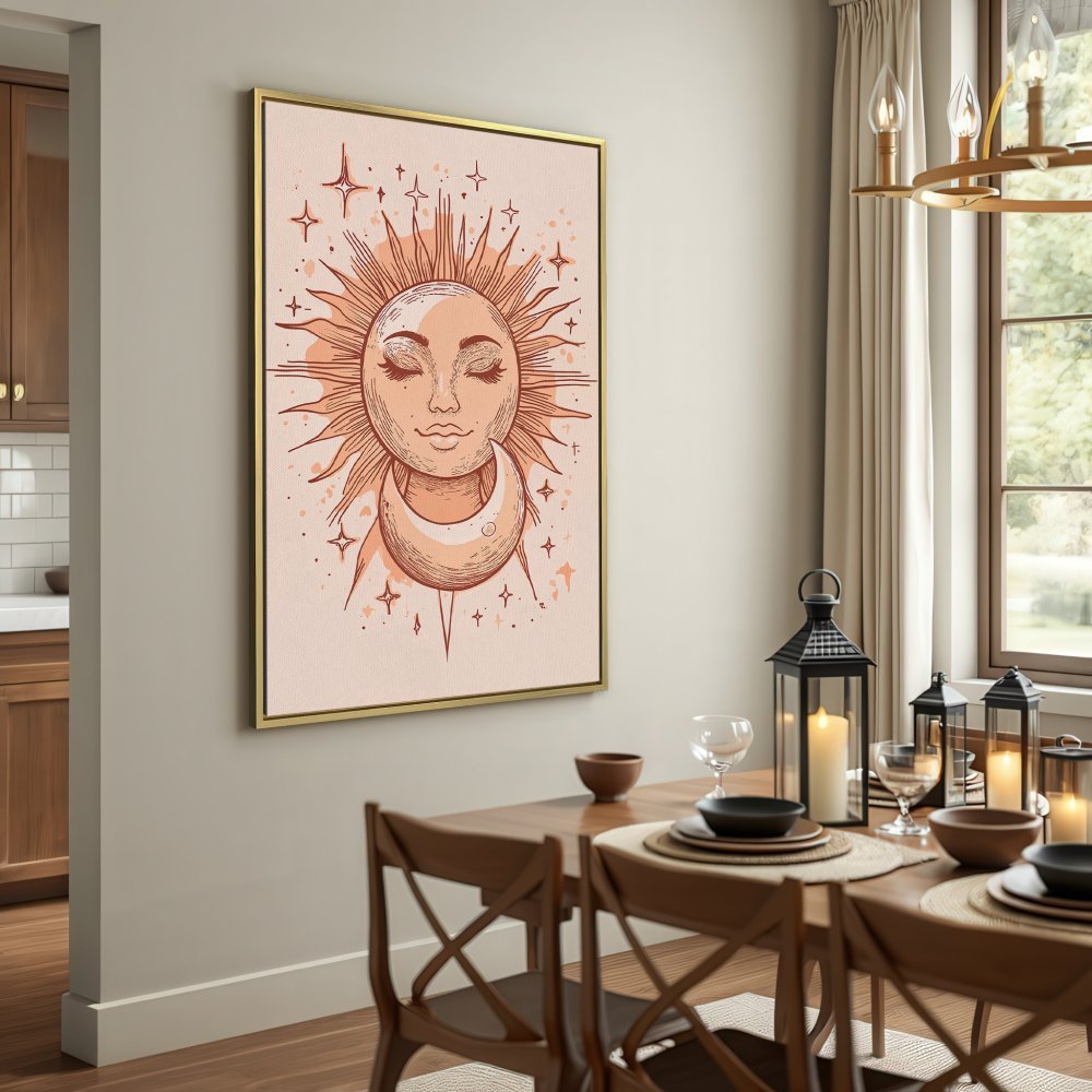 Boho Canvas Print: Sun and moon illustration in warm earth tones. Perfect wall art for a cozy, stylish living space.