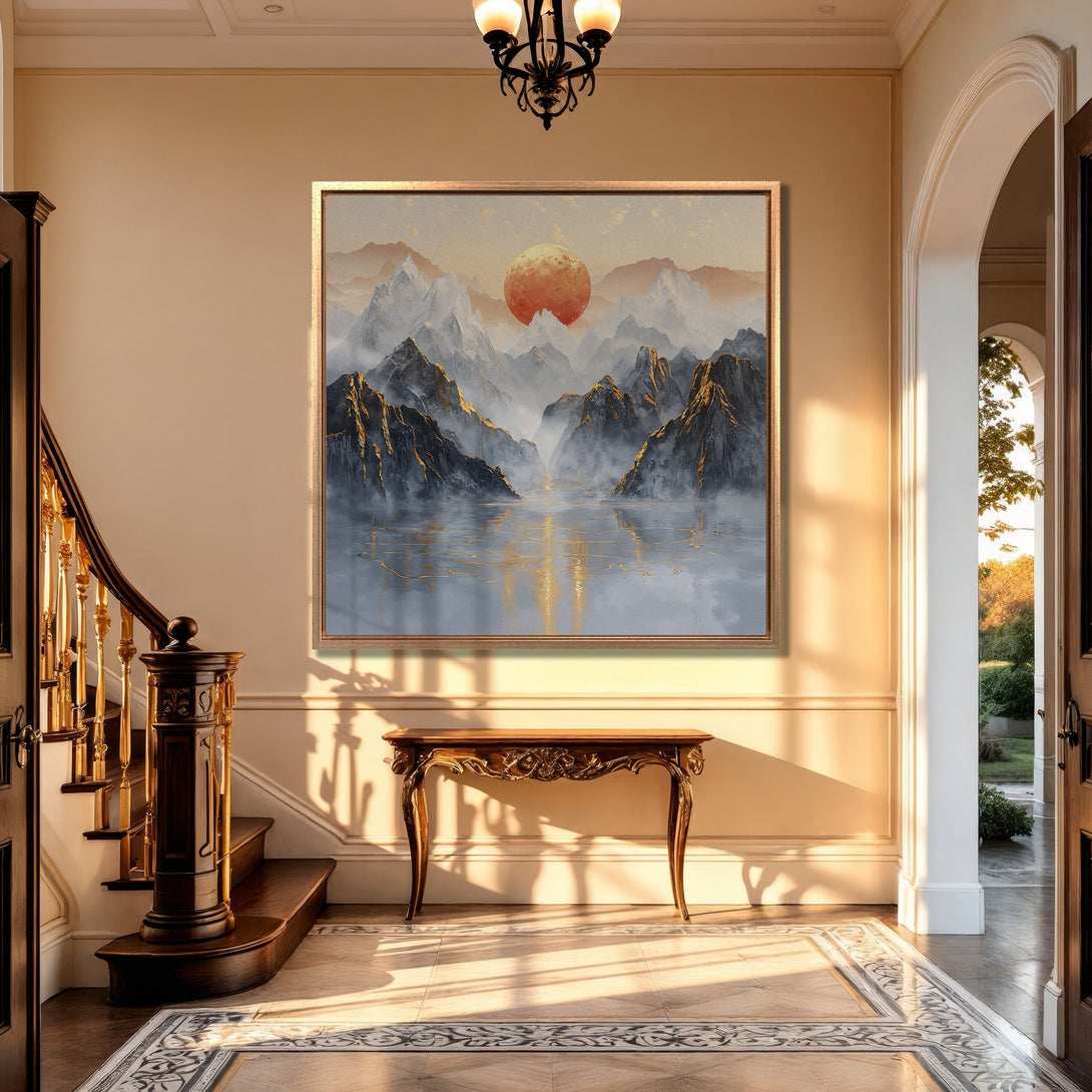 Framed Wall Art: Mountain landscape in warm tones. Enhance your space with this stunning canvas print featuring a sunset over misty mountains.