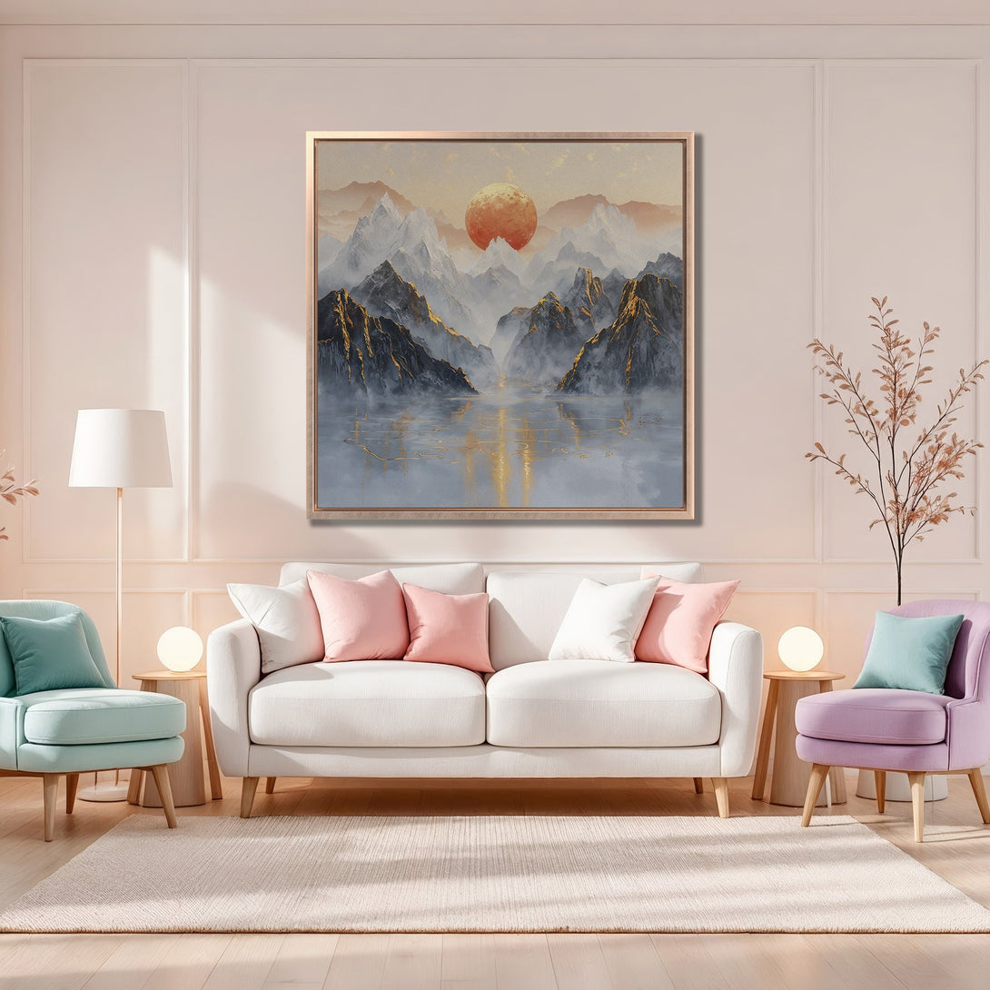 Framed Wall Art: Mountain landscape Canvas Print with warm sunset tones. Modern art with gold accents, perfect for adding a touch of zen to your home decor.