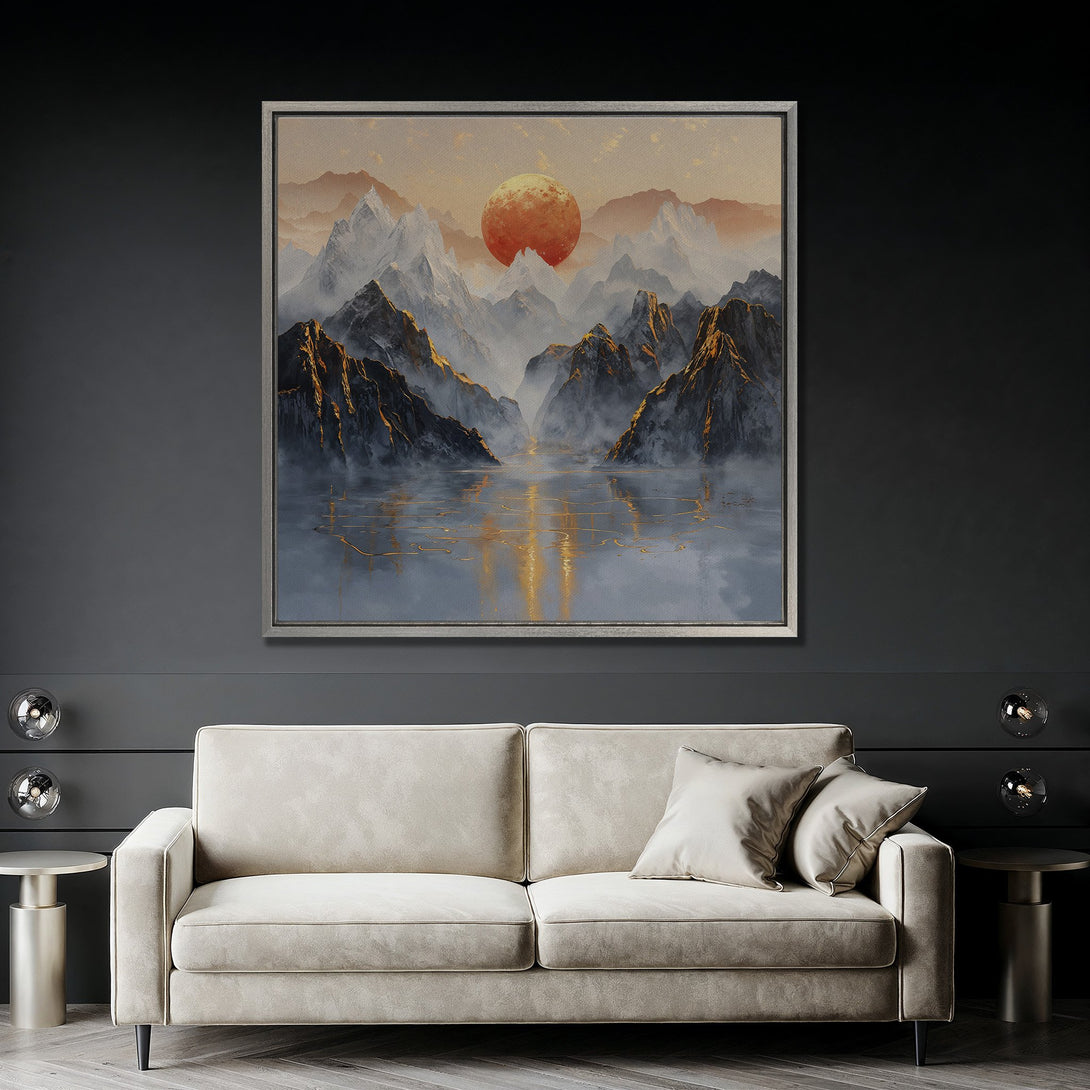 Framed Wall Art: Abstract landscape canvas print with mountains, sunset, and water in a neutral color palette. Perfect for modern home decor.