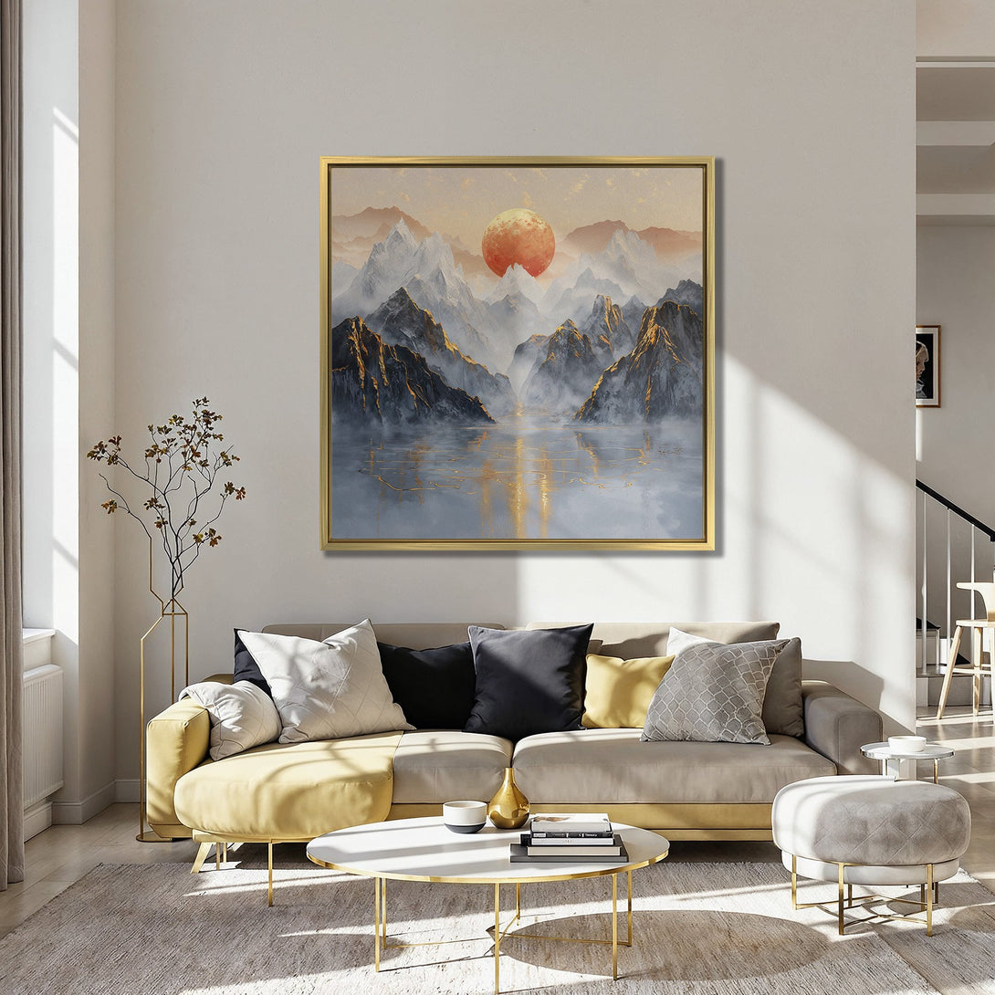 Canvas Print of a mountain landscape with a warm sunset. Features a serene, artistic style with gold and orange tones. Perfect wall art for your home!