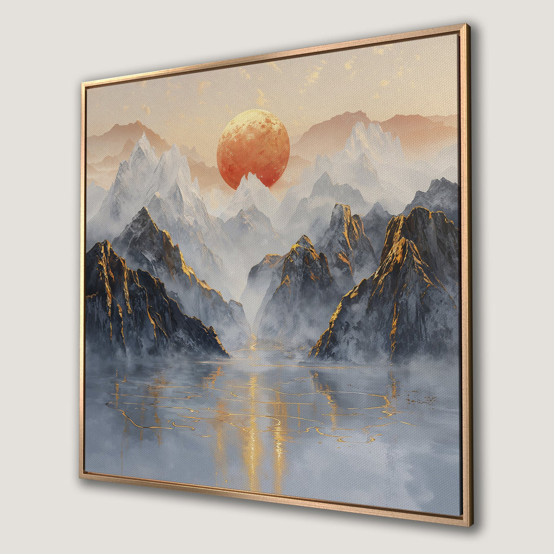 Framed Wall Art: Mountain landscape canvas print with a warm sunset color palette and gold accents, perfect for modern decor.