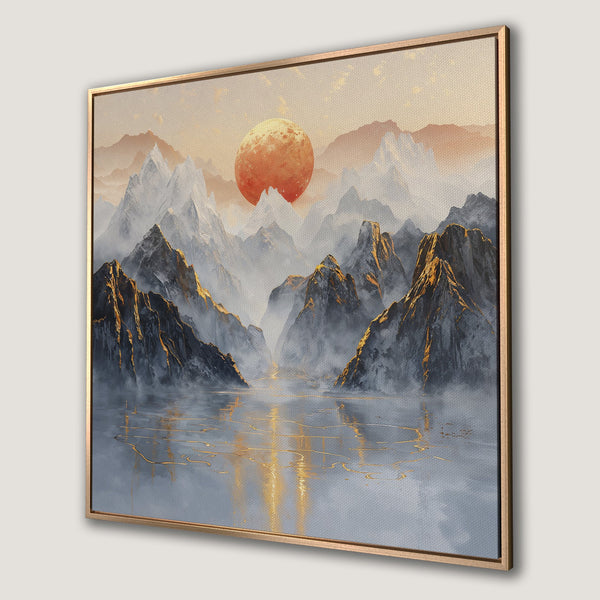Framed Wall Art: Mountain landscape canvas print with a warm sunset color palette and gold accents, perfect for modern decor.