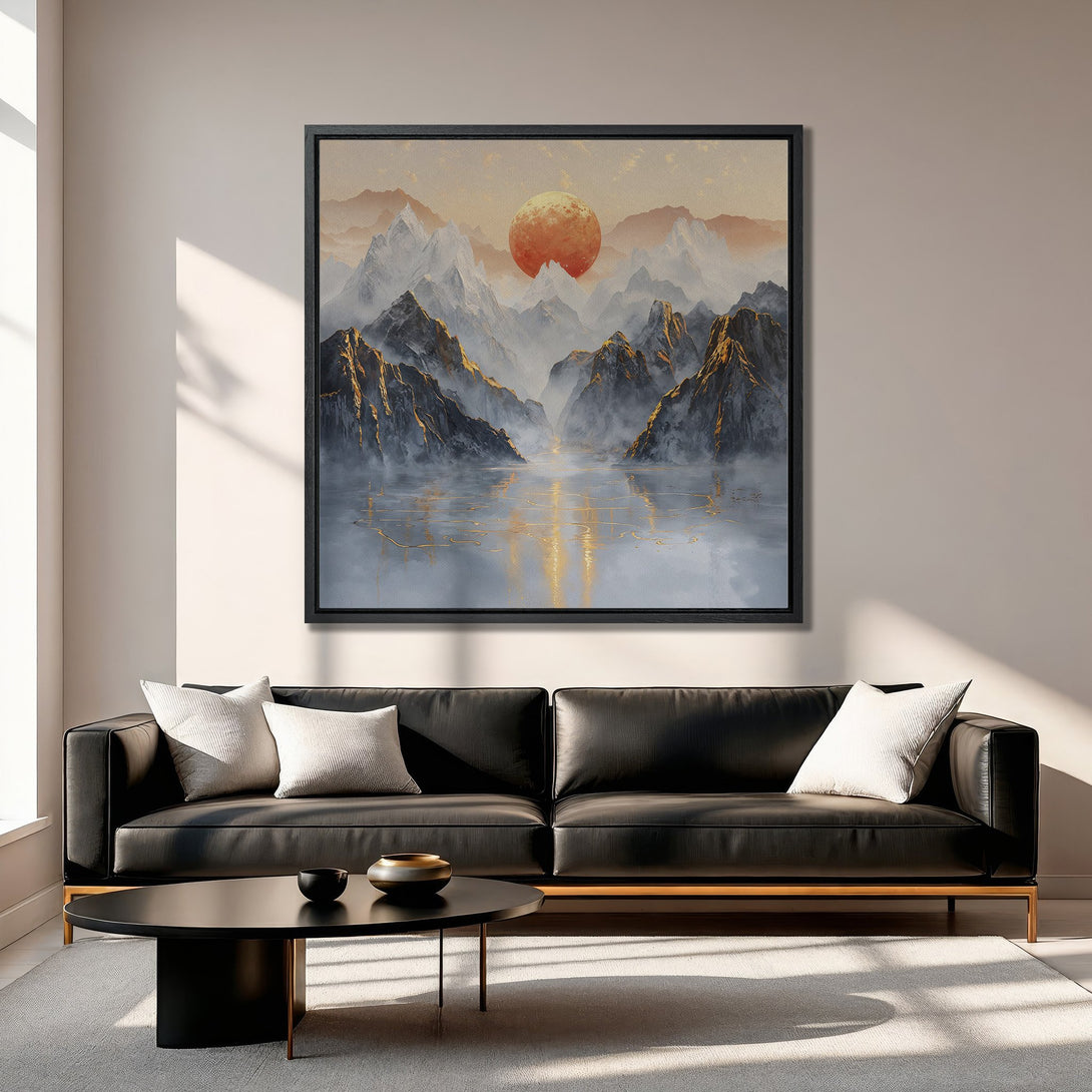 Framed Wall Art: Mountain landscape Canvas Print with warm orange and gold tones. Modern art for living room decor. Enhance your space!