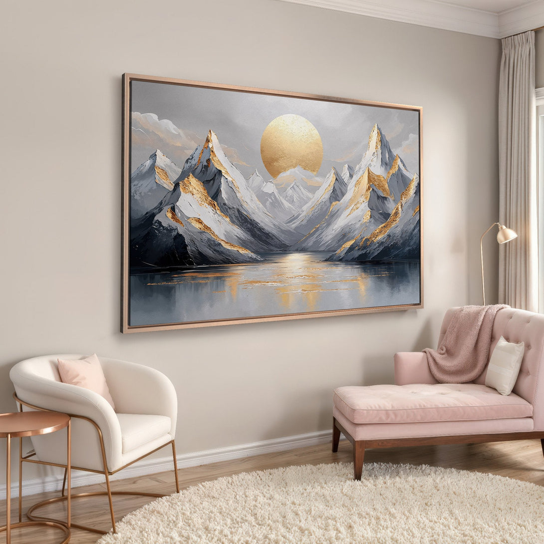 Framed Wall Art of a mountain landscape with gold accents. Modern style, neutral and gold tones for a touch of elegance. Perfect for home decor!