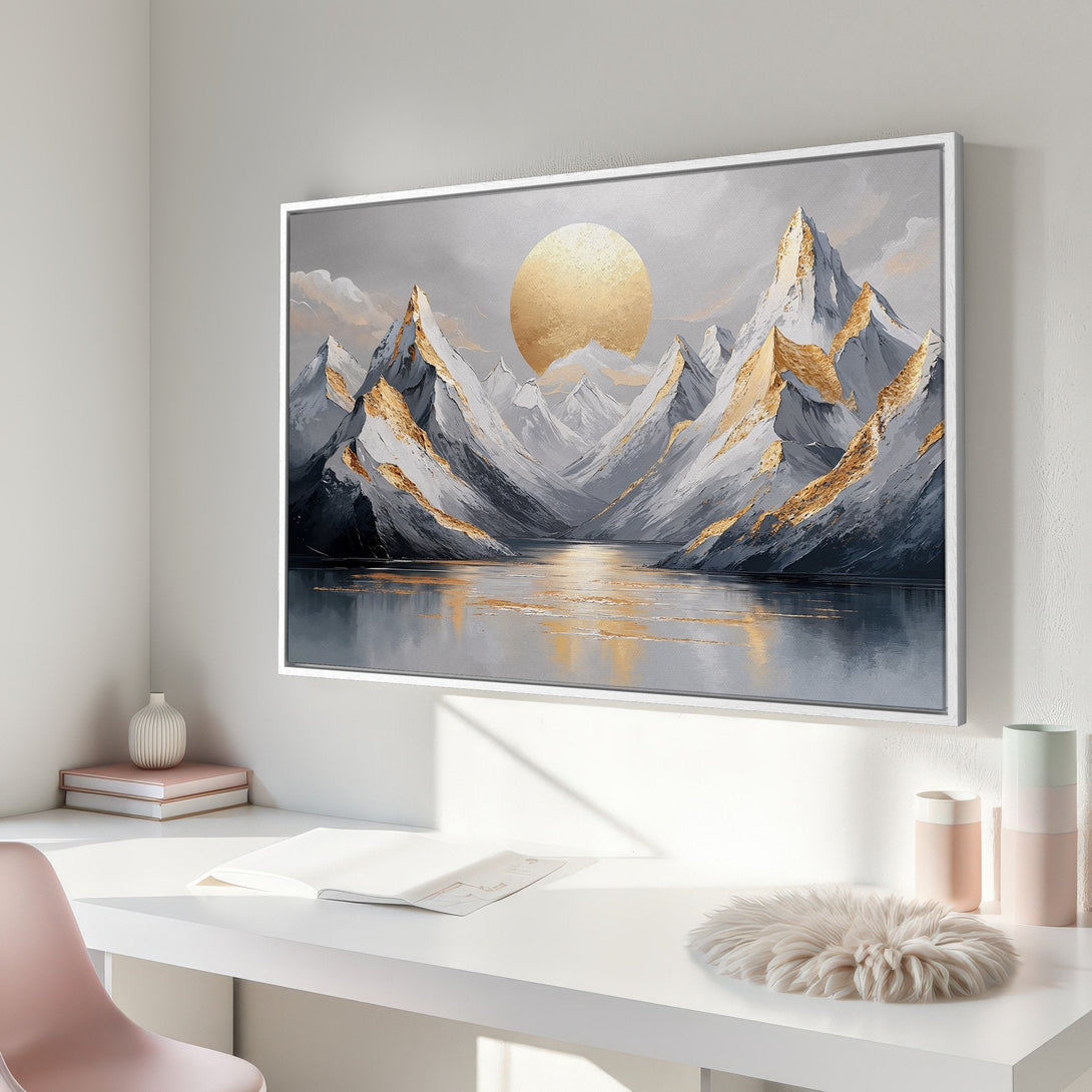 Framed Wall Art: Abstract mountain landscape canvas print with gold accents, displayed in a modern interior. Features a gray, gold, and white color palette.