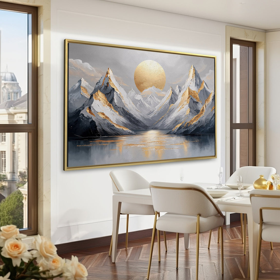 Canvas Print of a mountain landscape with gold accents, displayed in a luxurious interior. Features a gray, gold, and white color palette. Perfect wall art!