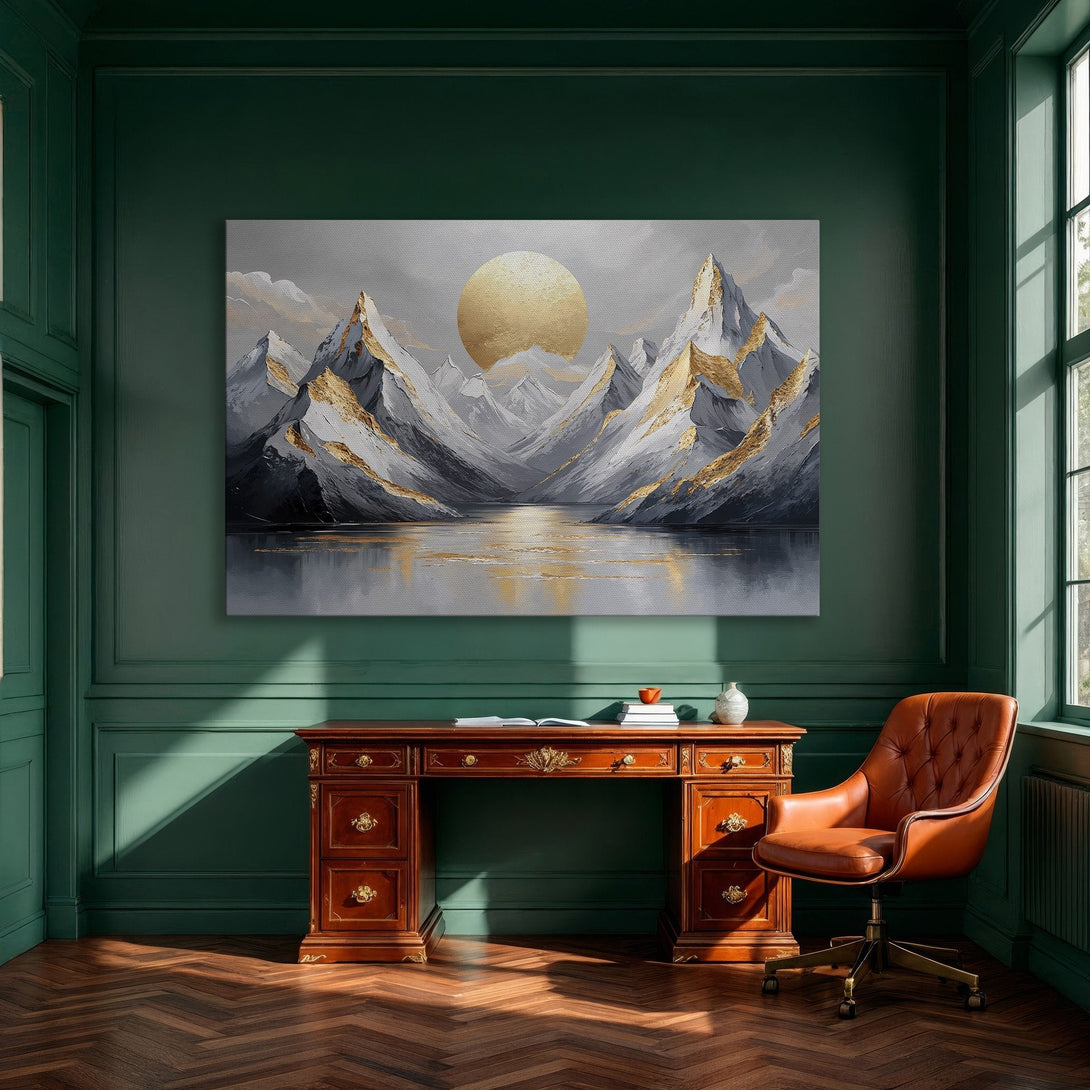 Framed Wall Art: Stunning mountain landscape Canvas Print in gold, gray, and white. Modern art perfect for dining room decor.