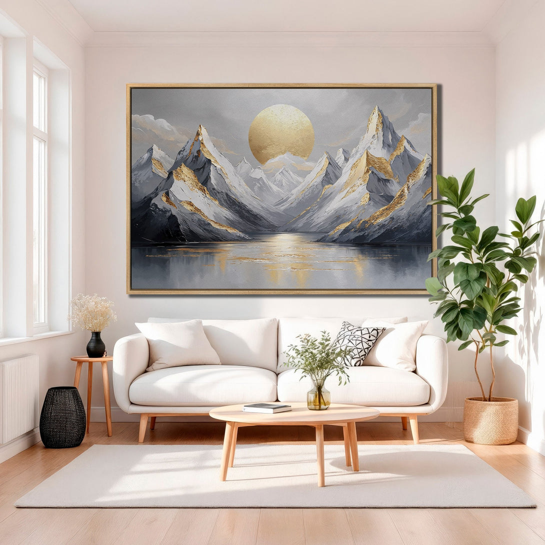 Framed Wall Art: Abstract mountain landscape Canvas Print with gold accents. Modern art in a gray, white, and gold color palette for a stylish home decor.
